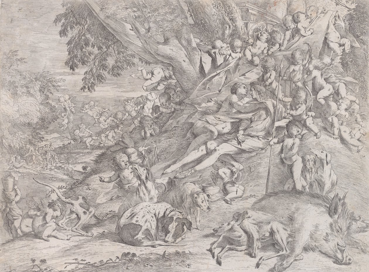 Venus and Adonis, surrounded by many putti, reclining after the hunt, with a dead boar, 1631-37 by Pietro Testa