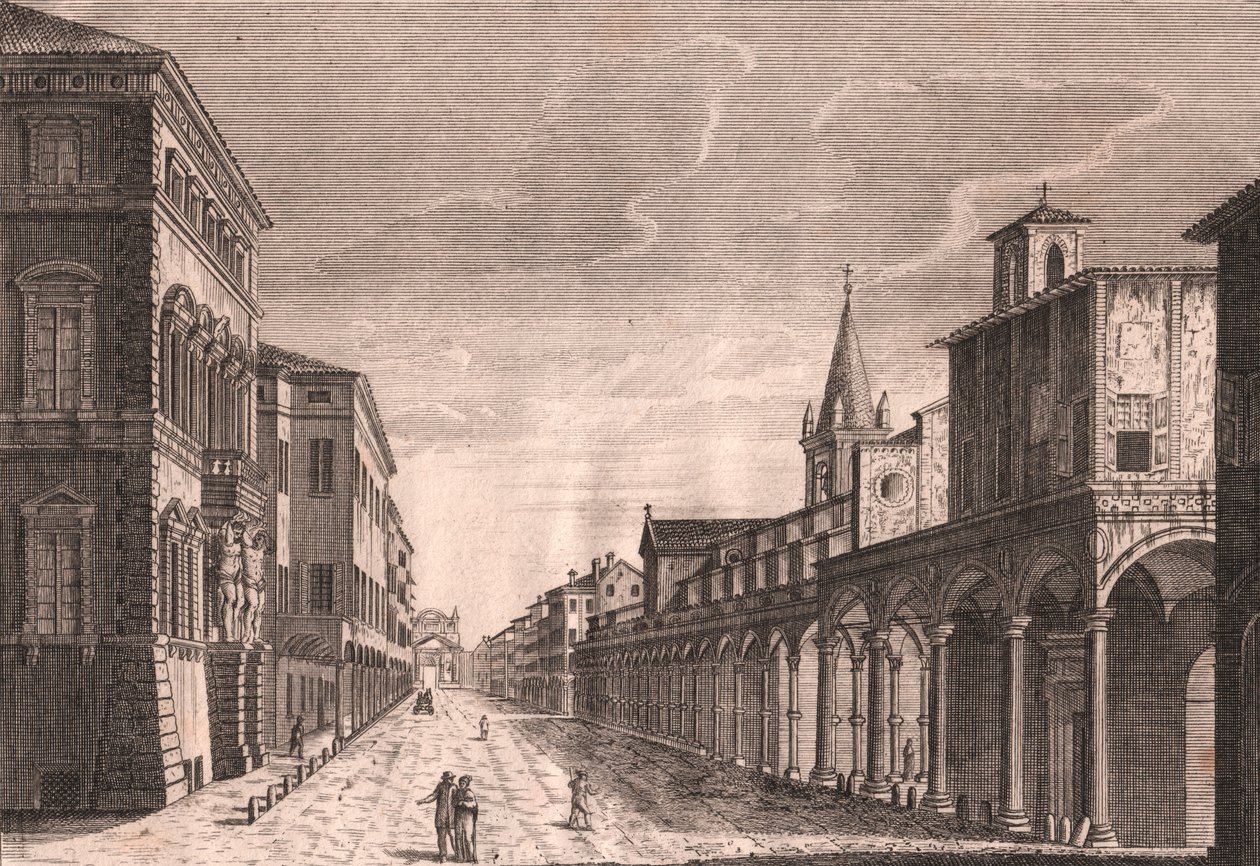 View of the Strada Maggiore in Bologna, Emilia-Romagna, Italy, Copper Engraving by C Lambertini after a Drawing by Pio Panfili by Pio Panfili