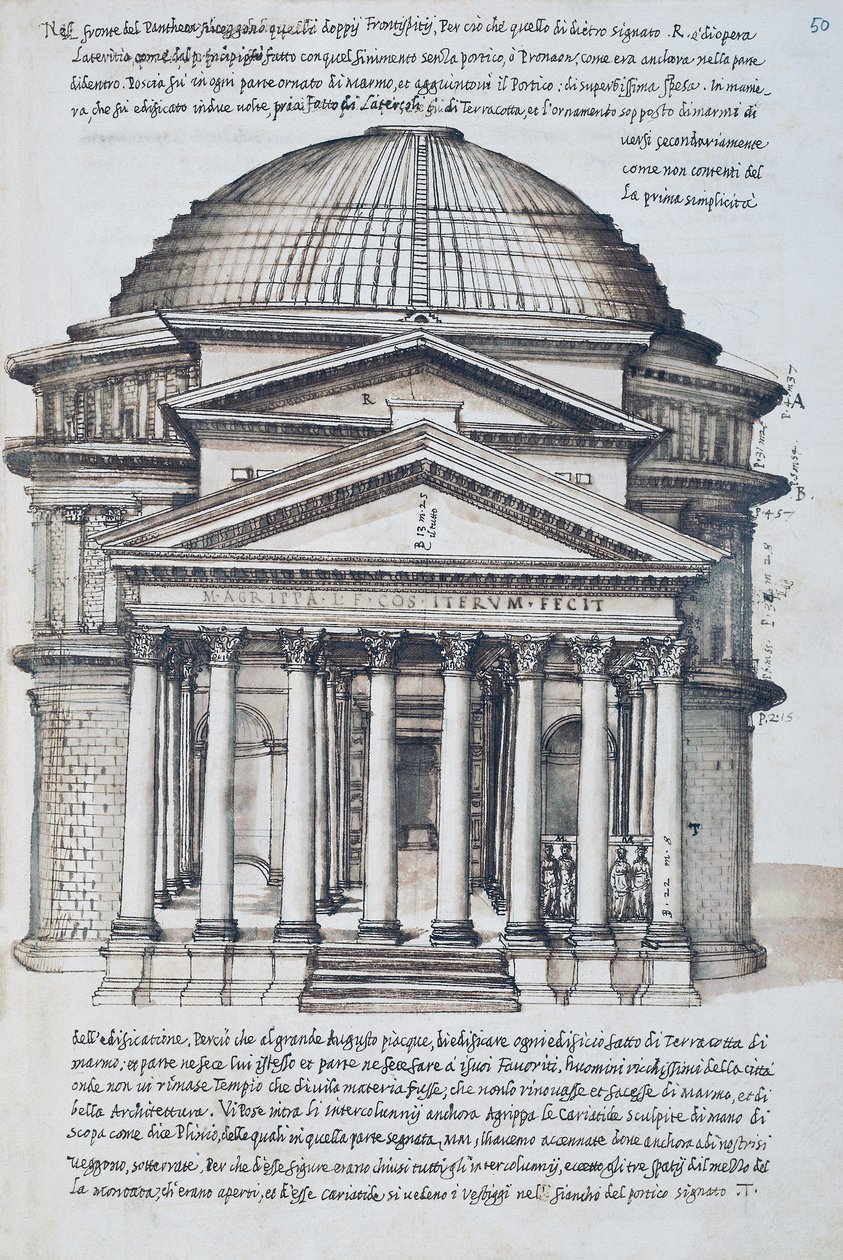 View of the Pantheon in Rome, Drawing from Volume XIII of XXX Libri delle Antichita by Pirro Ligorio