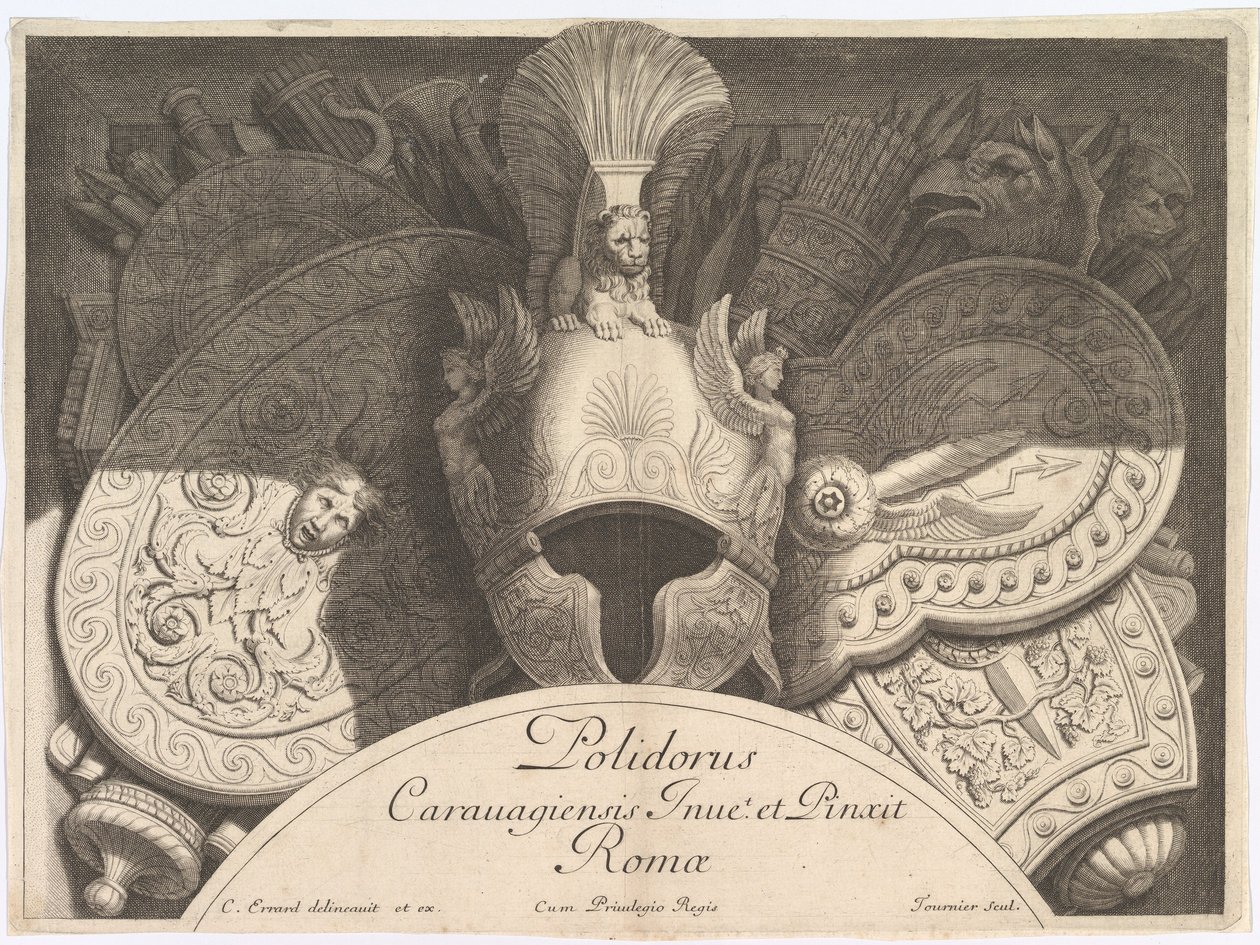 Weapon Trophies after the Façade of Palazzo Milesi in Rome, 1651 by Polidoro da Caravaggio