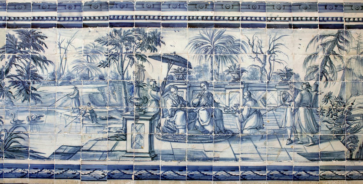 Fruit tasting near a lake in Asia - Azulejos, painted faience by Portuguese School