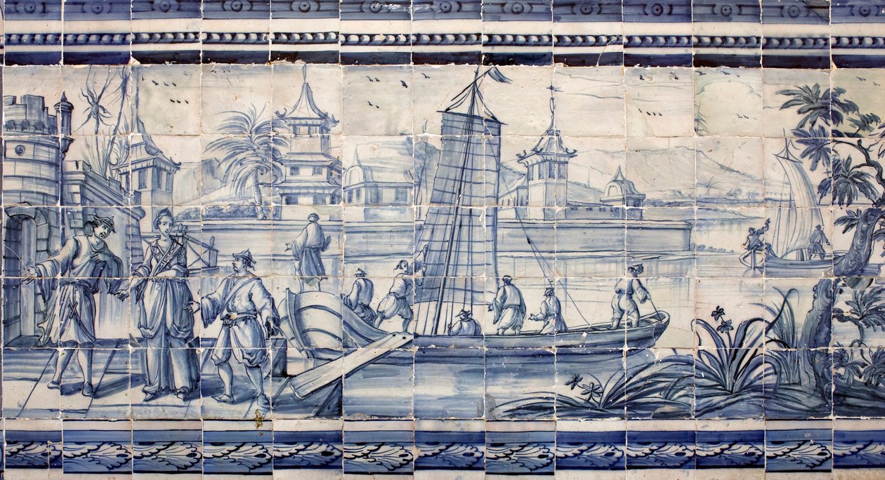Scene on the banks of a river in Asia - Azulejos, painted faience by Portuguese School