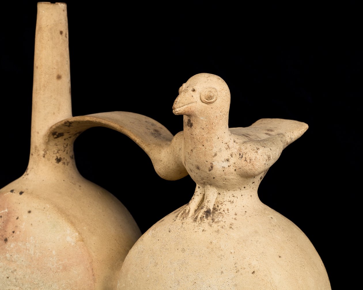 White Ceramic with Double Body and Bridge Handle by Precolombian Precolombian