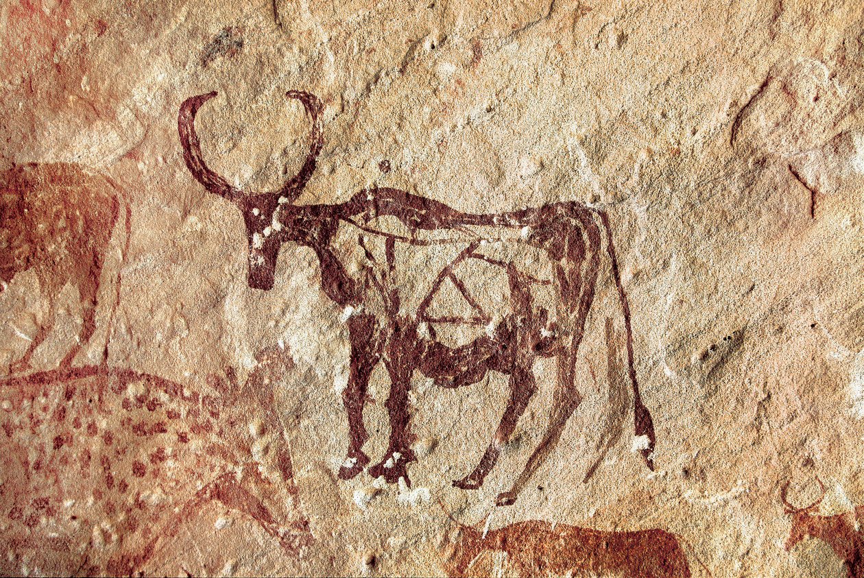 Rock painting: representation of a cervid. Cave of Tadrart Acacus Libya by Prehistoric Prehistoric