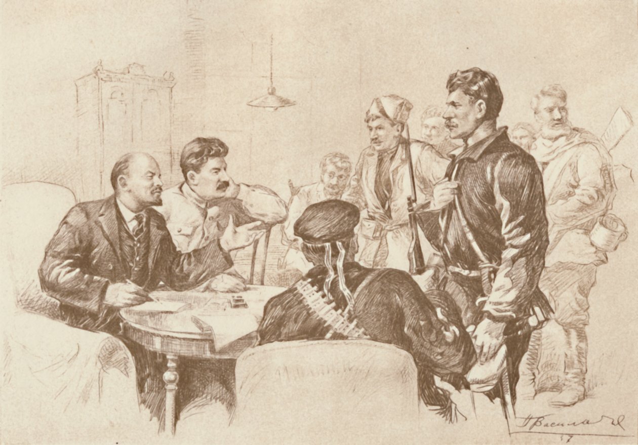 Lenin and Stalin Speaking to Red Guards in the Smolny, 1917, 1939 by Pyotr Vasilyev