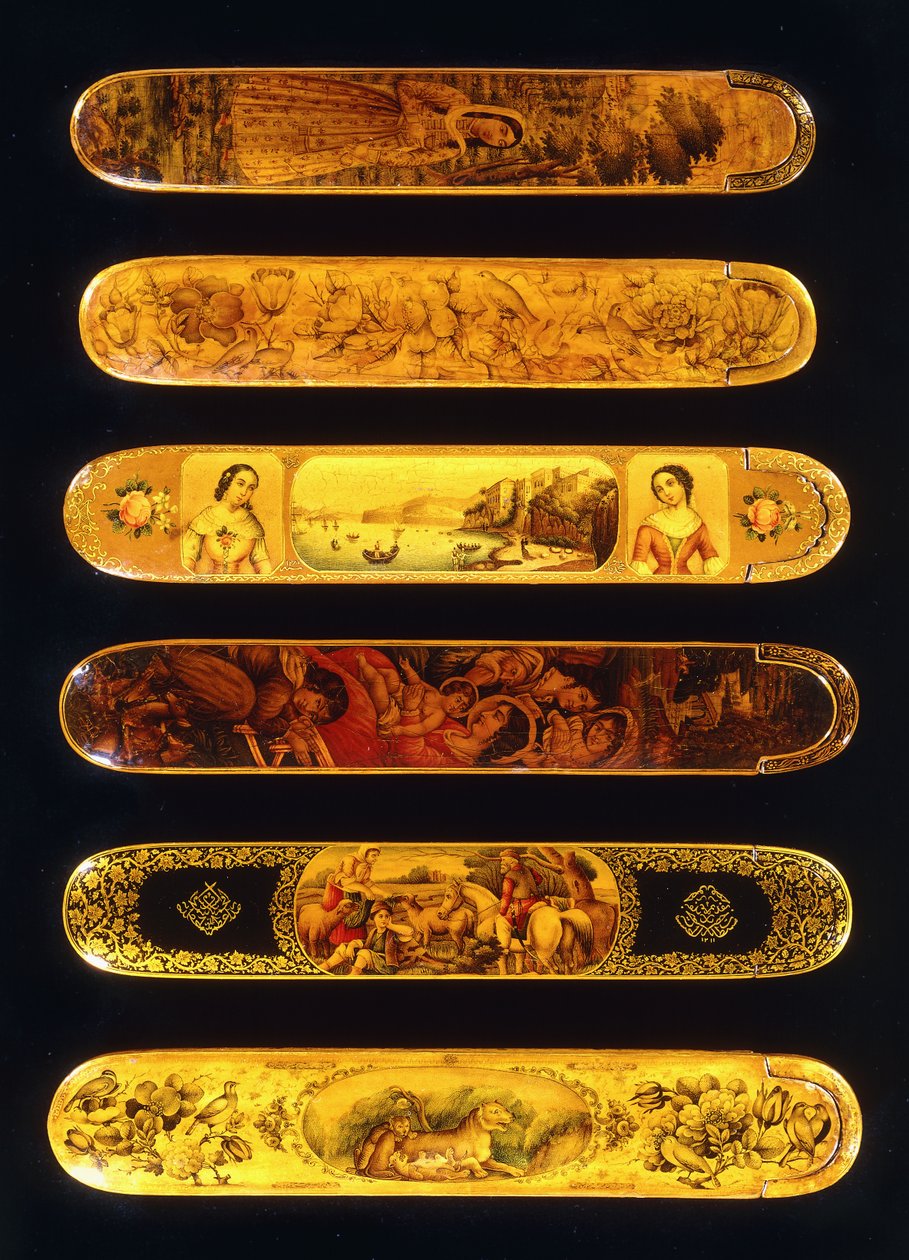Six Papier Mache Polychrome Lacquer Qalamdans by Qajar School