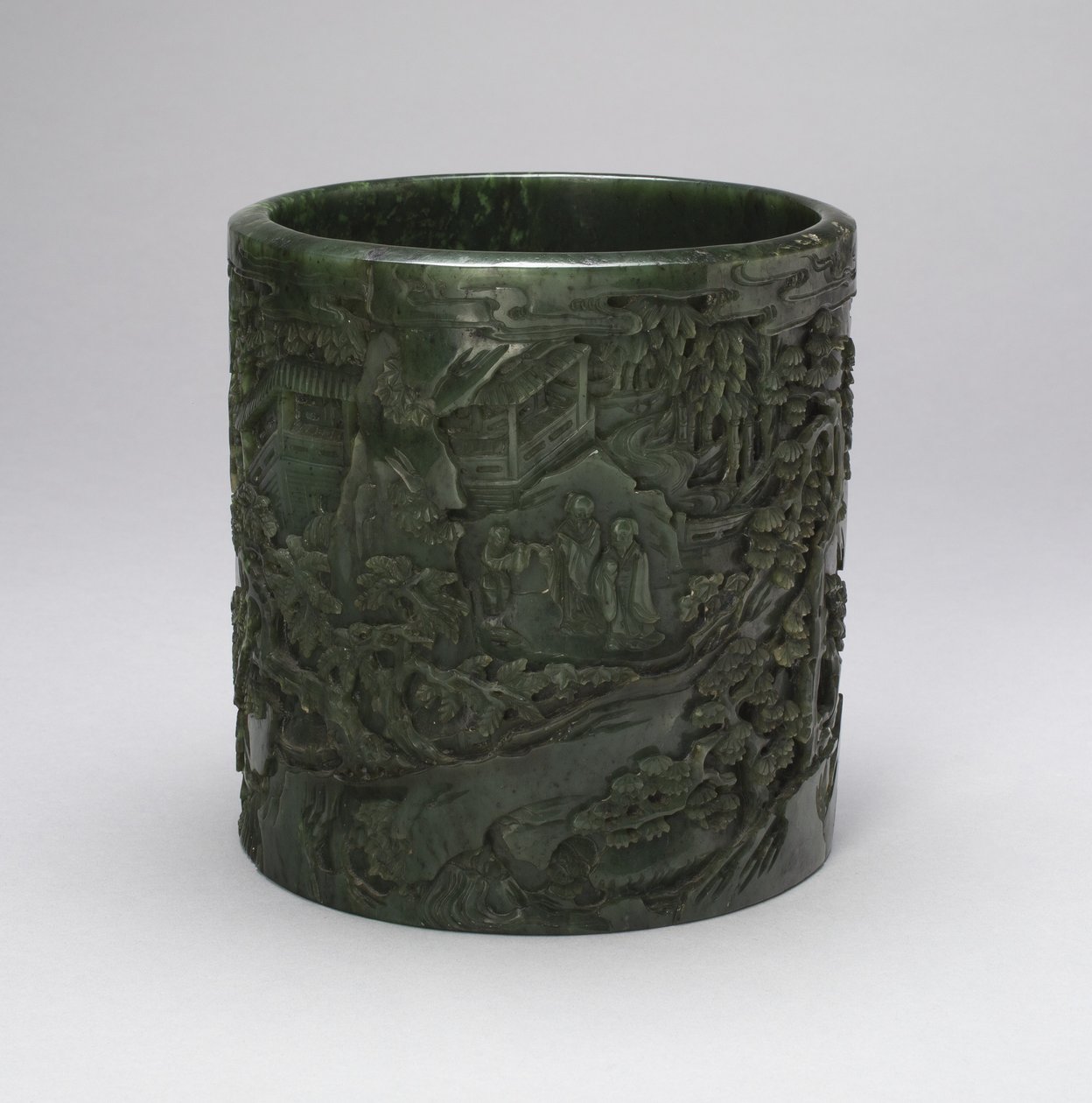 Brushpot with Scholars and Attendants in a Mountainous Landscape by Qing Dynasty Chinese School