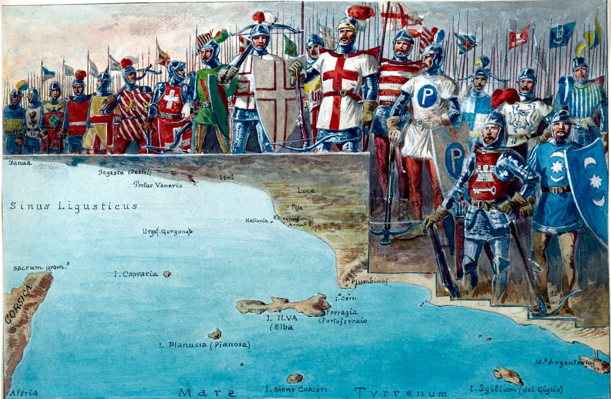 Map of the Battleground of the Battle of Meloria in 1284, with the Uniforms and Military Costumes of the Genoese Troops Participating in It by Quinto Cenni