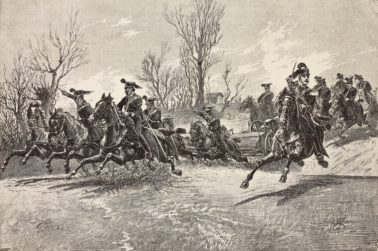 Artillery on horseback, Italian army, engraving from drawing by Quinto Cenni, from L