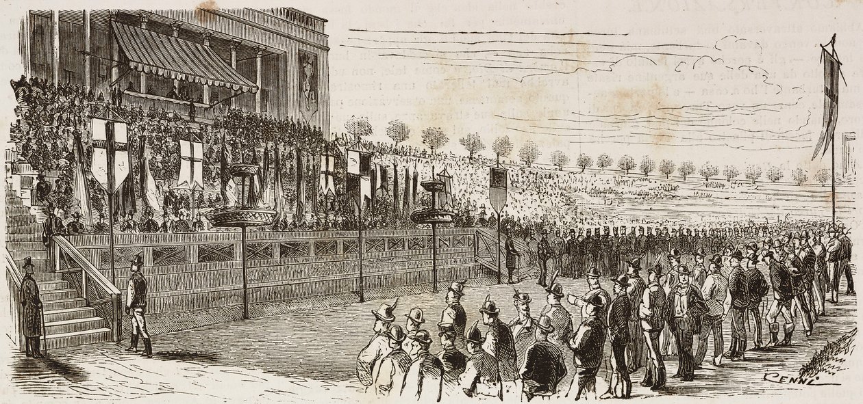 Awarding prizes to winners of national shooting competition in Milan, Italy, engraving by Quinto Cenni from L