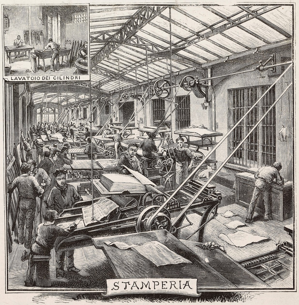 Printing house in Fratelli Treves publishing house, Milan, Italy, engraving from L