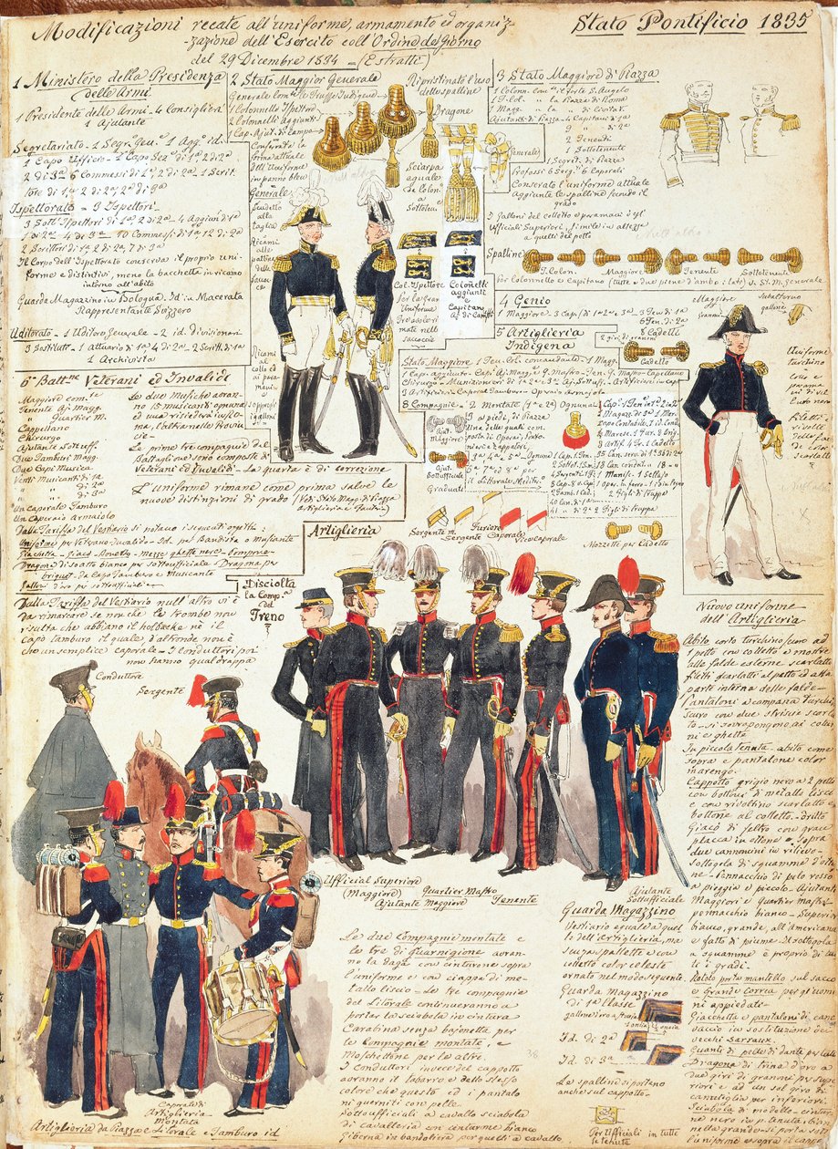 Various Uniforms of the Papal States from 1835. Color Plate by Cenni Quinto by Quinto Cenni