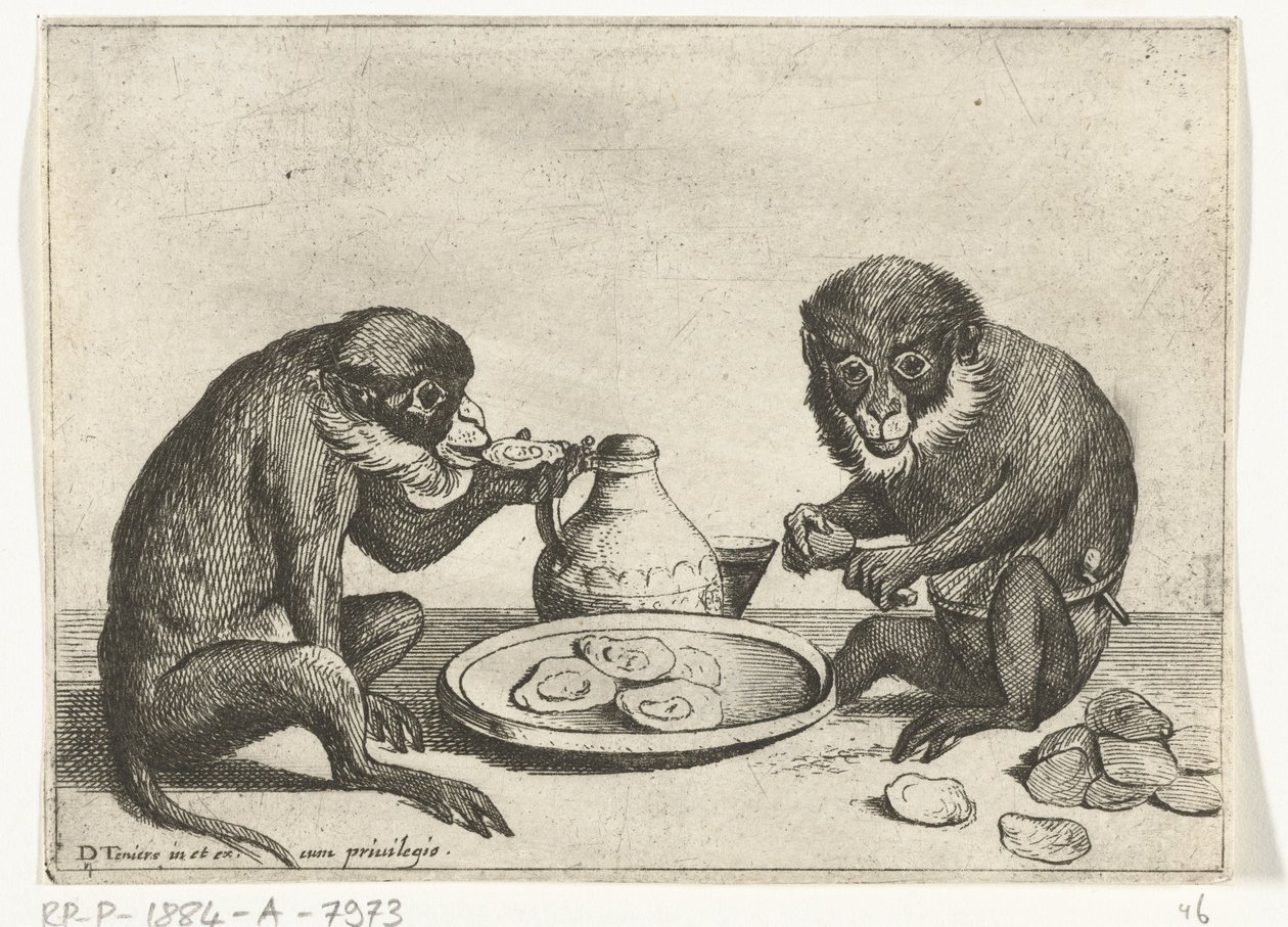 Two Monkeys Eating Oysters, Various Occupations of Human Life Represented by Monkeys, The Monkey Play in the World by Quirin Boel