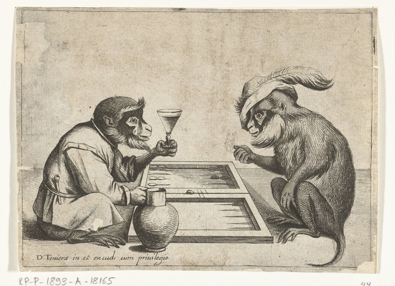 Two Monkeys Playing Backgammon by Quirin Boel