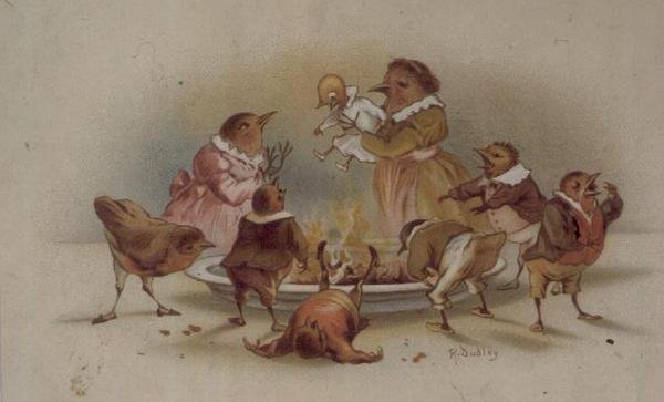 Bird Family, Victorian Christmas Card by R. Dudley