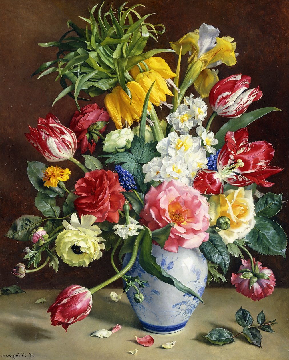 Tulips, Roses, Narcissi and other Flowers in a Blue and White Vase by R. Klausner