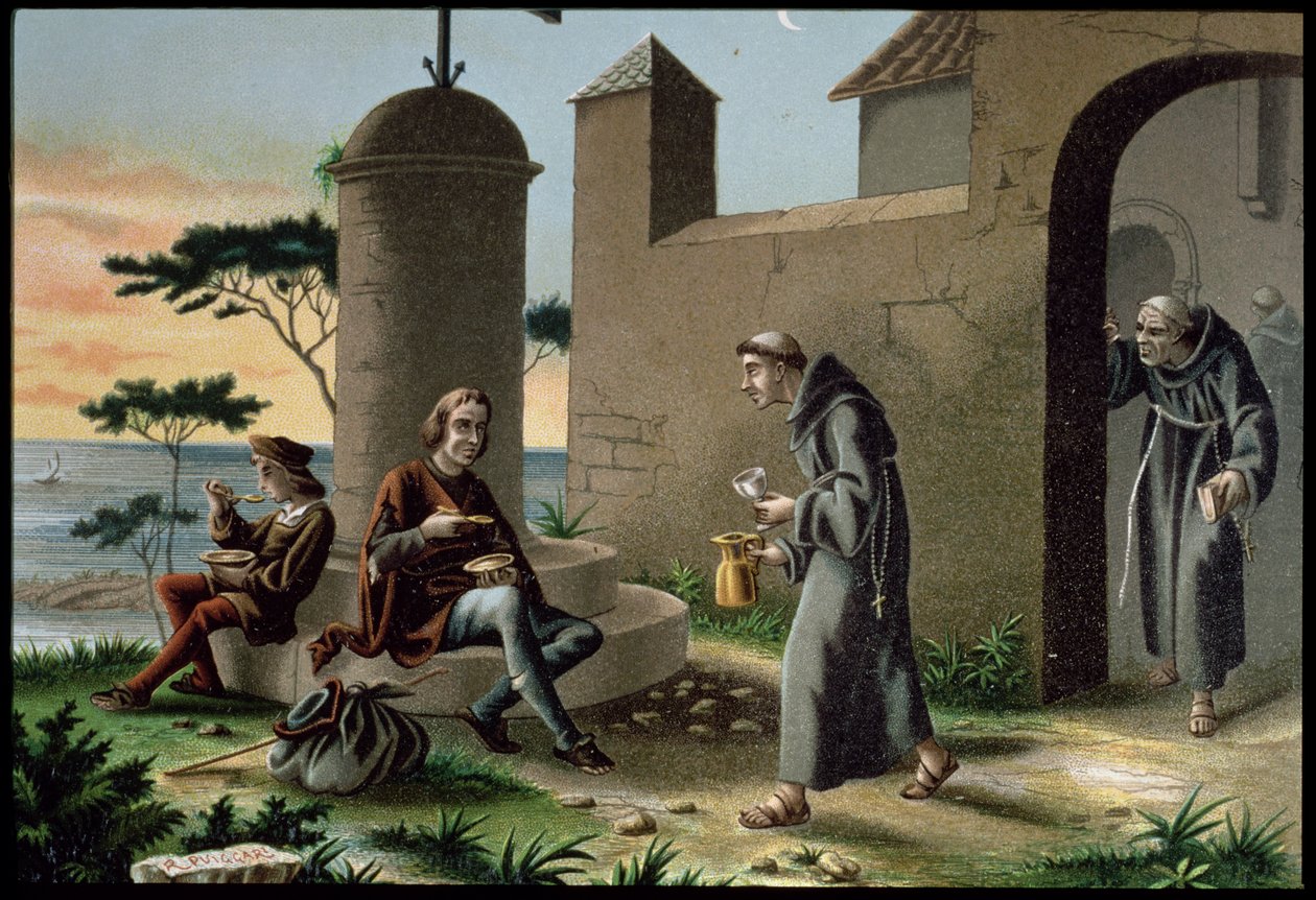 The Arrival of Christopher Columbus with his Son at the Monastery of la Rabida, from The Discovery of America, published in Barcelona in 1878 by R. Puiggari
