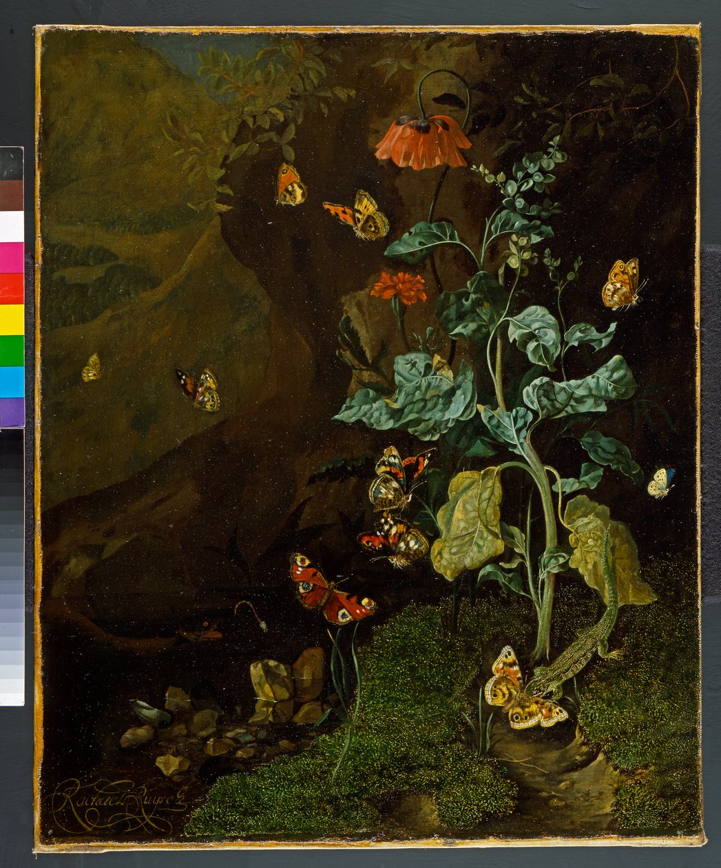 A still life with flowers, butterflies and a lizard in a dell by Rachel Ruysch