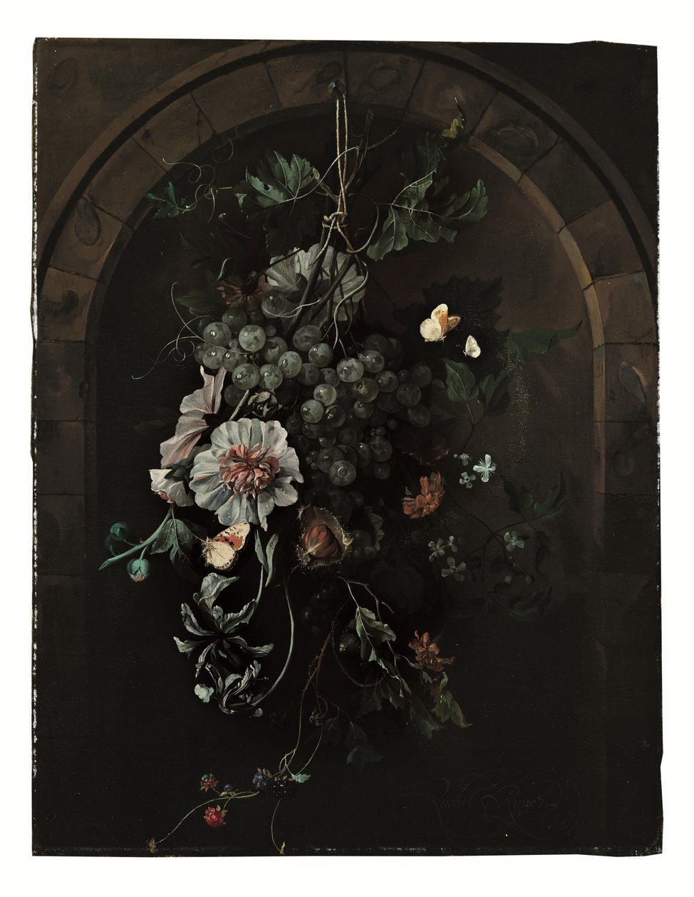 A Swag of Grapes, Hollyhocks, Irises, Mallow, African Marigolds, Clematis, a Horse Chestnut and Blackberries with Butterflies and Other Insects Suspended Before a Stone Arch by Rachel Ruysch