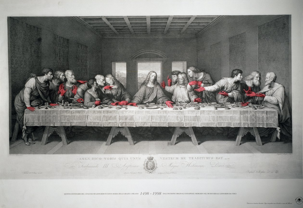 Engraving made to mark 5th centenary of Last Supper by Leonardo da Vinci in Santa Maria delle Grazie, Milan by Raffaello Sanzio Morghen