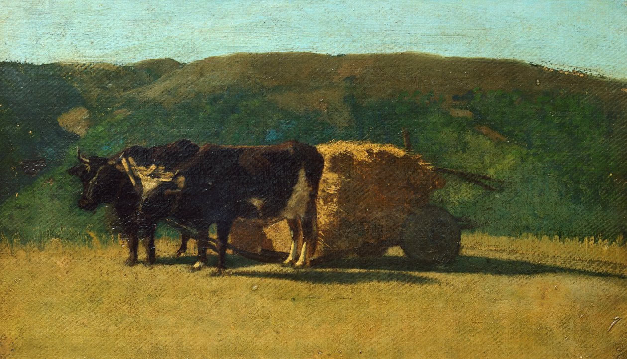Black oxen pulling wagon by Raffaello Sernesi