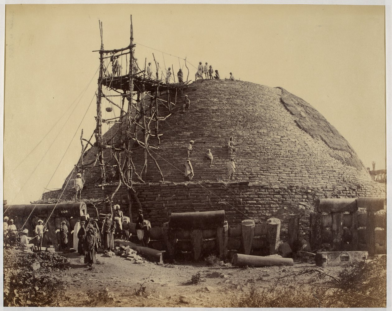 Sanchi stupa from the south-west during repairs by Raja Deen Dayal