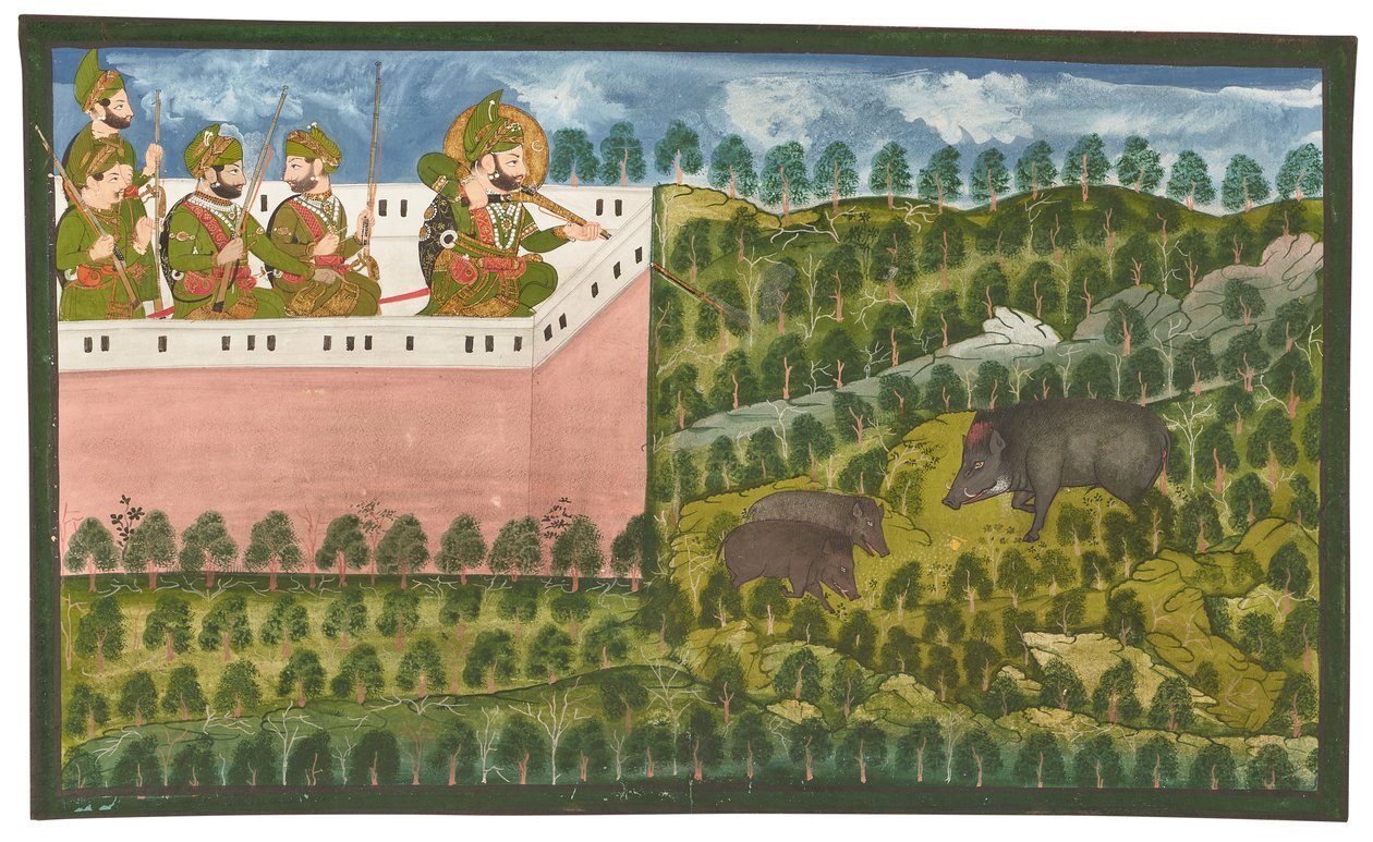 A painting of Maharana Jawan Singh hunting wild boar by Rajasthani School