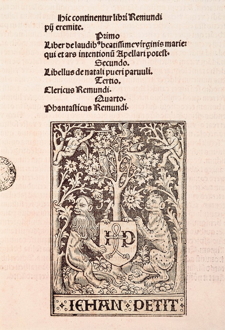 Page of the Codex "De Laudibus Beatissimae Virginis Mariae" by Ramon Llull, depicting two lions holding the coat of arms of the printer Jehan Petit by Ramon Llull