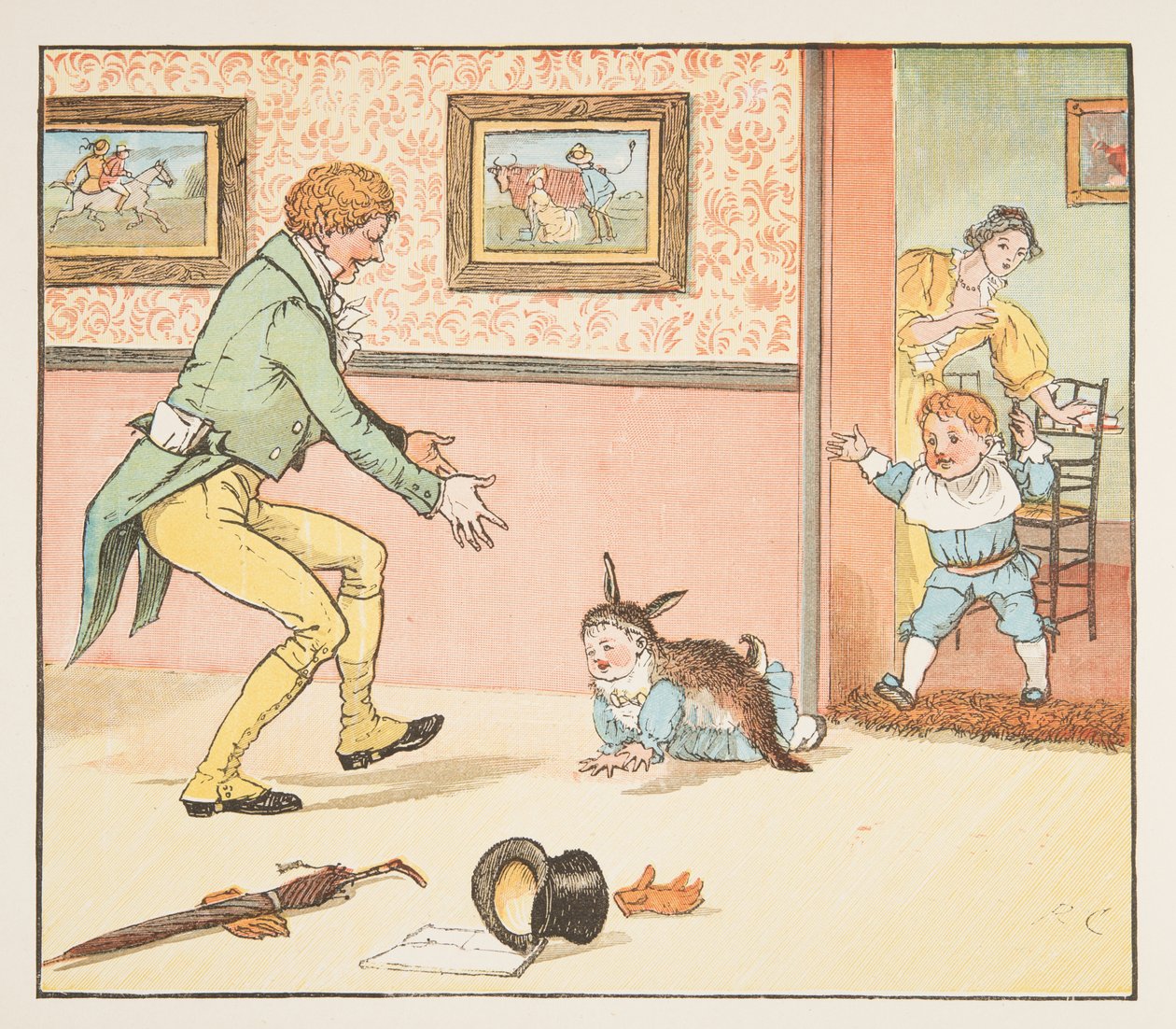 Baby Bunting wrapped in the Rabbit Skin, from The Hey Diddle Diddle Picture Book, pub.1882 by Randolph Caldecott