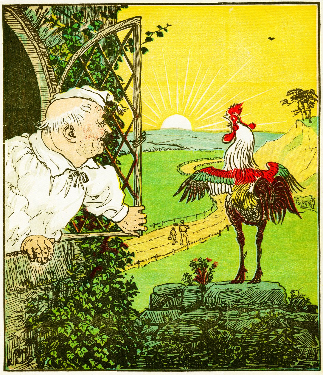 This is the rooster that crowed in the morn, that woke the judge all shaven and shorn, illustration from The House that Jack Built by Randolph Caldecott