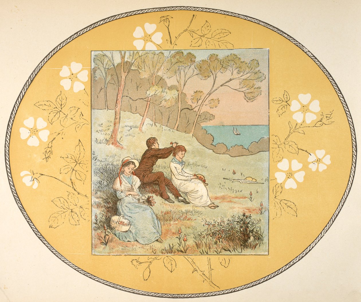 Two Women and a Man Sitting in a Clearing Near the Coast. Floral Border. by Randolph Caldecott