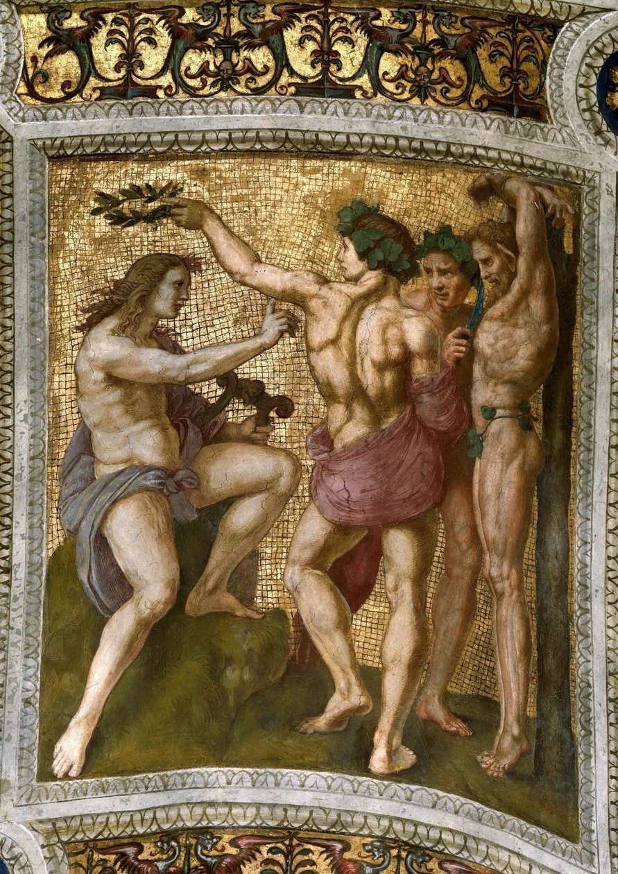 Marsyas and Apollo. Ceiling Fresco in Stanza della Segnatura by Raphael