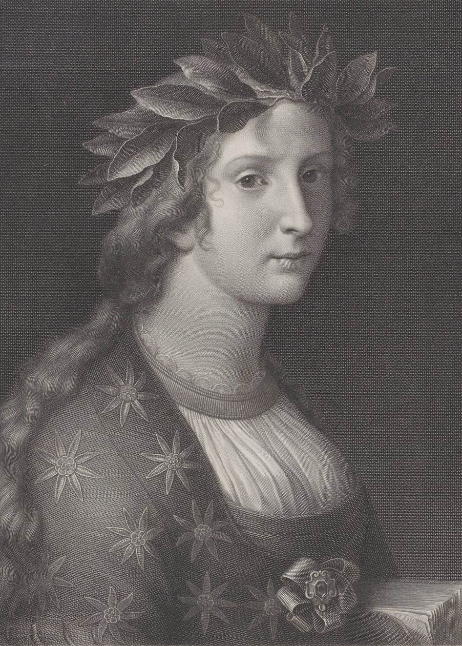 Poetry, a woman with a laurel crown by Raphael Morghen