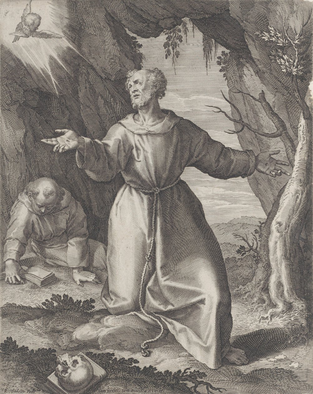 Saint Francis Kneeling with His Arms Outstretched, Looking Towards a Cherub by Raphael Sadeler