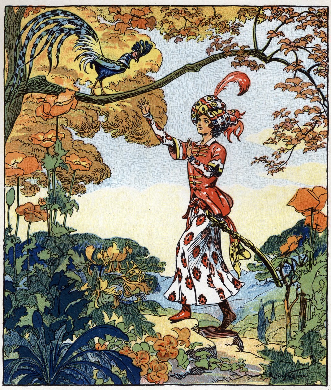 Parizade ran to the bird and put his hand on it: illustration for the tale 