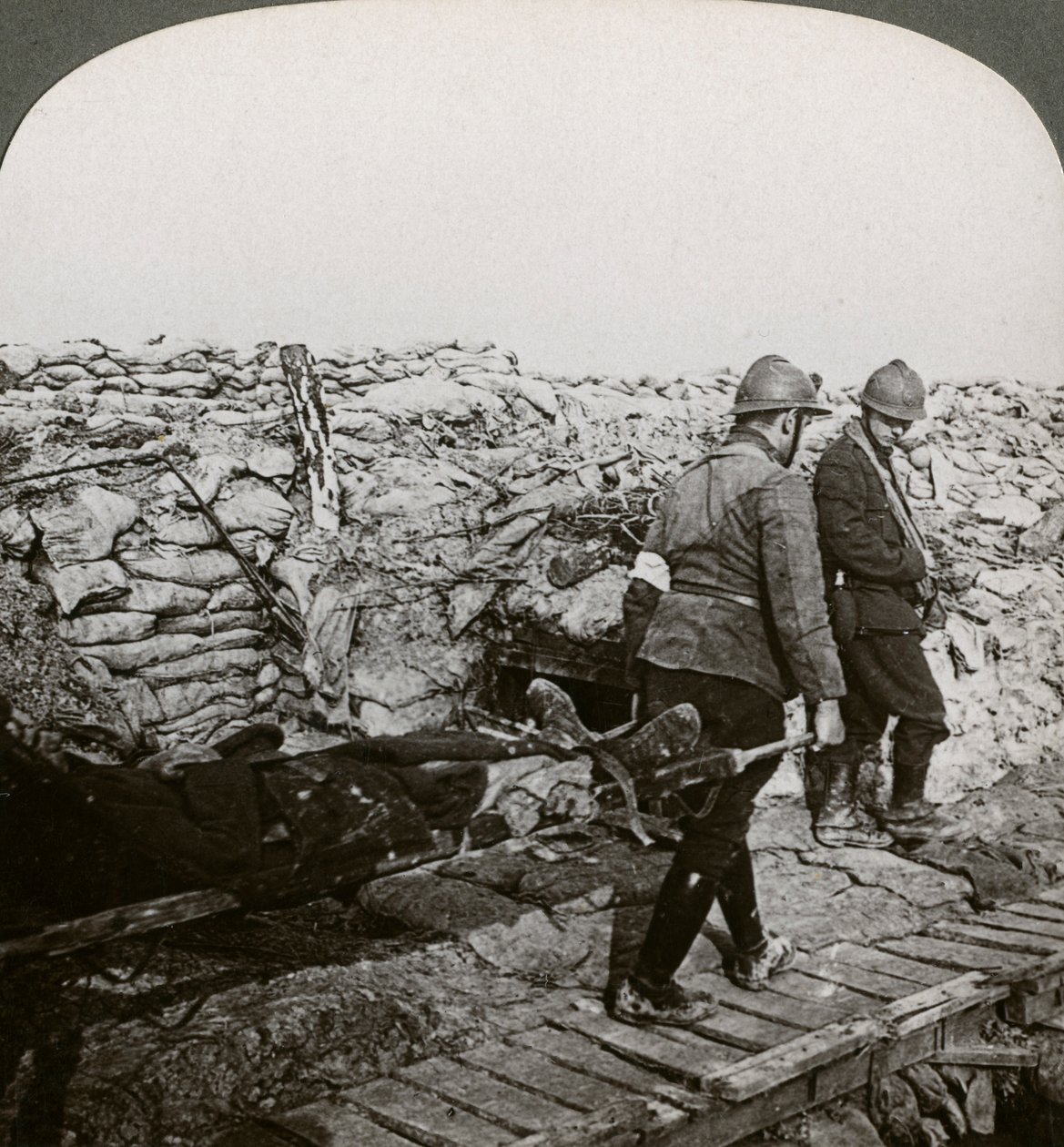 Belgian stretcher bearers carrying wounded in a trench, Dixmude, Belgium, World War I, 1914-1918 by Realistic Travels Publishers