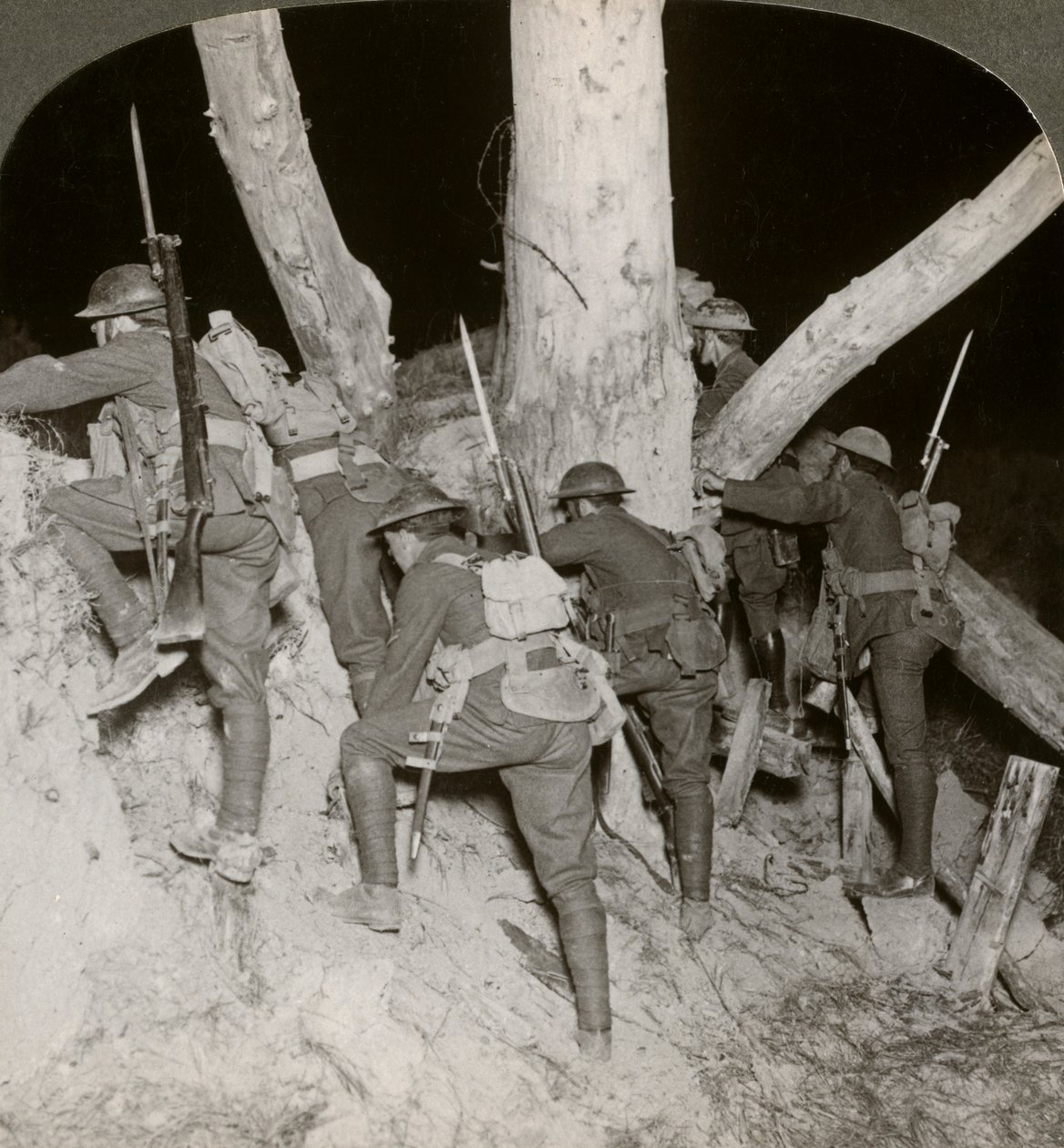 Soldiers leaving a trench for a night raid at Messines, Belgium, World War I, 1914-1918 by Realistic Travels Publishers