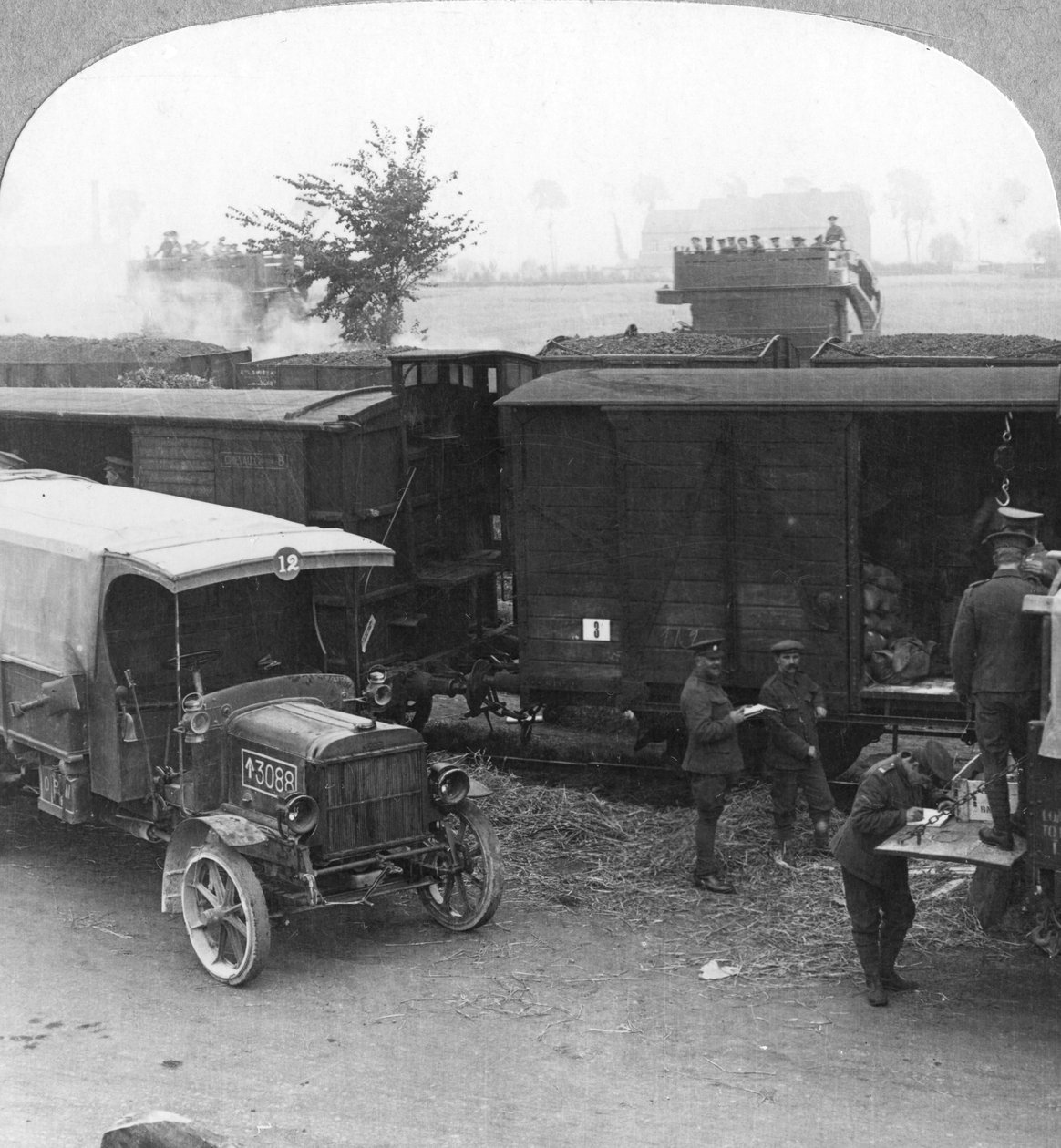 Troops and supplies are rushed from a railhead to the firing line, World War I by Realistic Travels Publishers