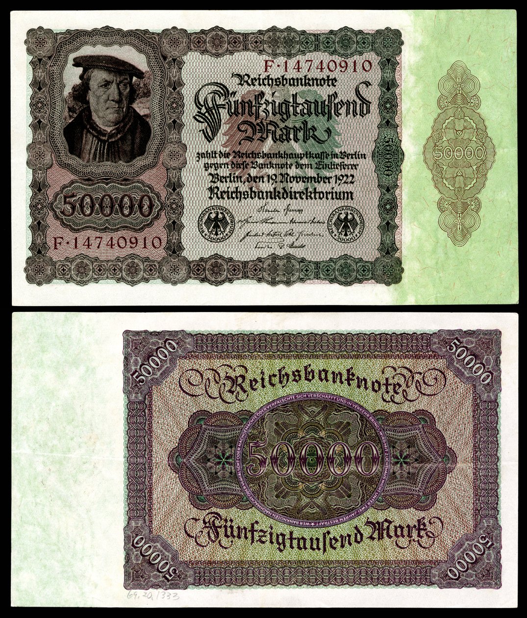 Papiermark of the Weimar Republic, post World War I hyperinflation era by Reichsbankdirektorium Berlin