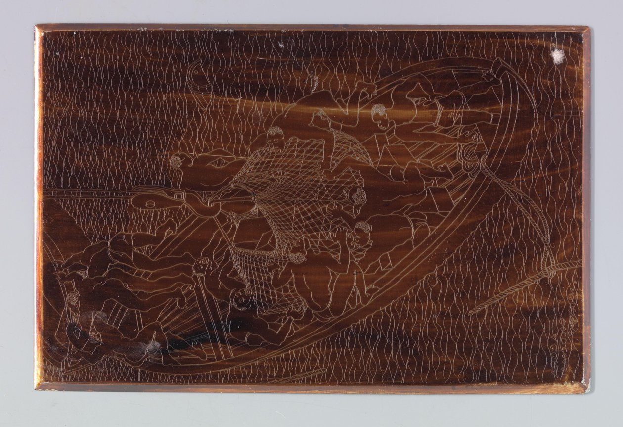 Figures in a canoe with a net full of luggage in Accra by Reijer Stolk