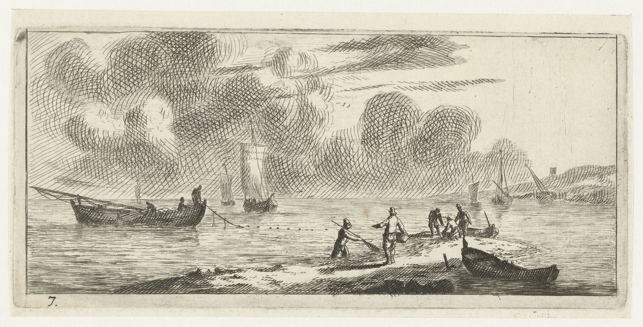 Coastline with Men Fishing in Shallow Water (series title: Various Embarkations and Other Deeds) by Reinier Nooms