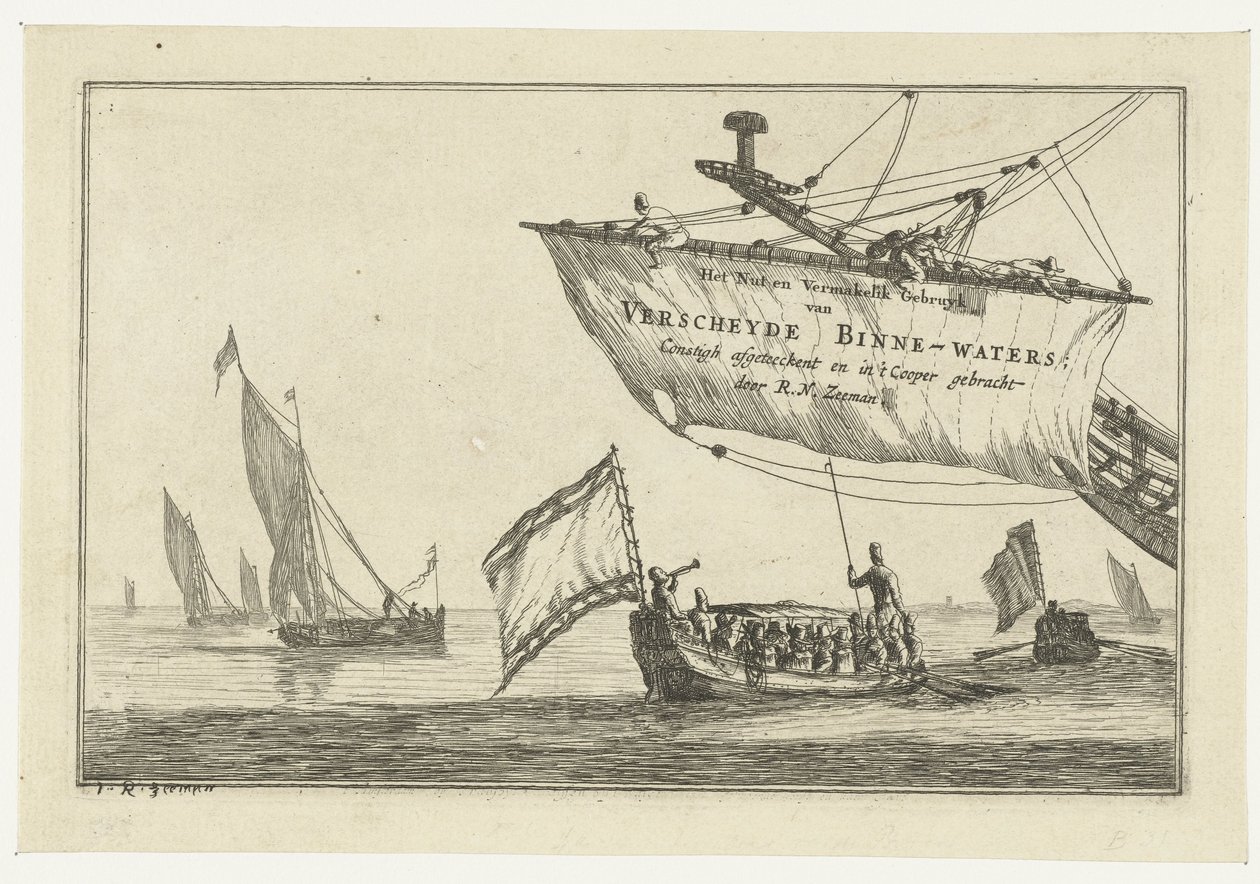 State Barge and Sailing Ships on Calm Water, The Use and Delightful Application of Various Inland Waters; Artfully Depicted and Engraved by R.N. Zeeman (series title on object), Inland Waters (series title) by Reinier Nooms