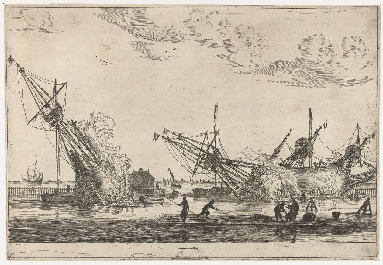 Waterproofing the Hulls of Three Fluyts, Thirteen Scenes with Ships (series title) by Reinier Nooms