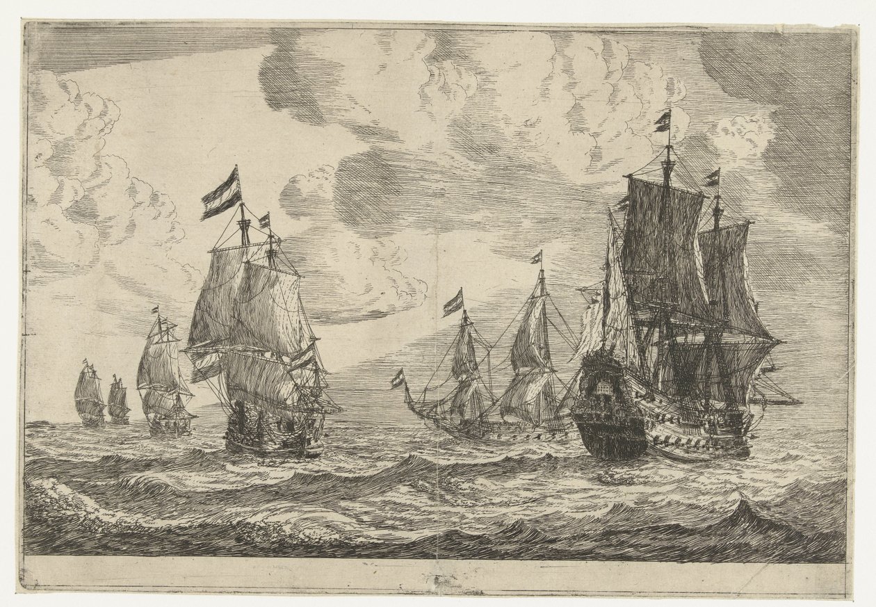 Six Sailing Ships on the Open Sea, Thirteen Scenes with Ships (series title) by Reinier Nooms