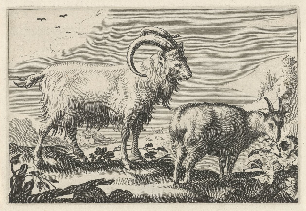 Hilly Landscape with Two Goats (Various Quadruped Animals) by Reinier van Persijn