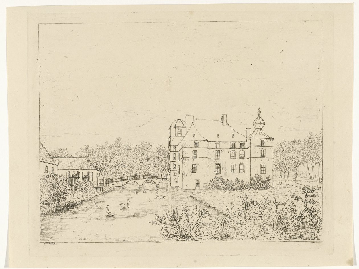 Side View of Castle de Cannenburch with Houses by the Access Bridge by Reinierus Albertus Ludovicus baron van Isendoorn à Blois