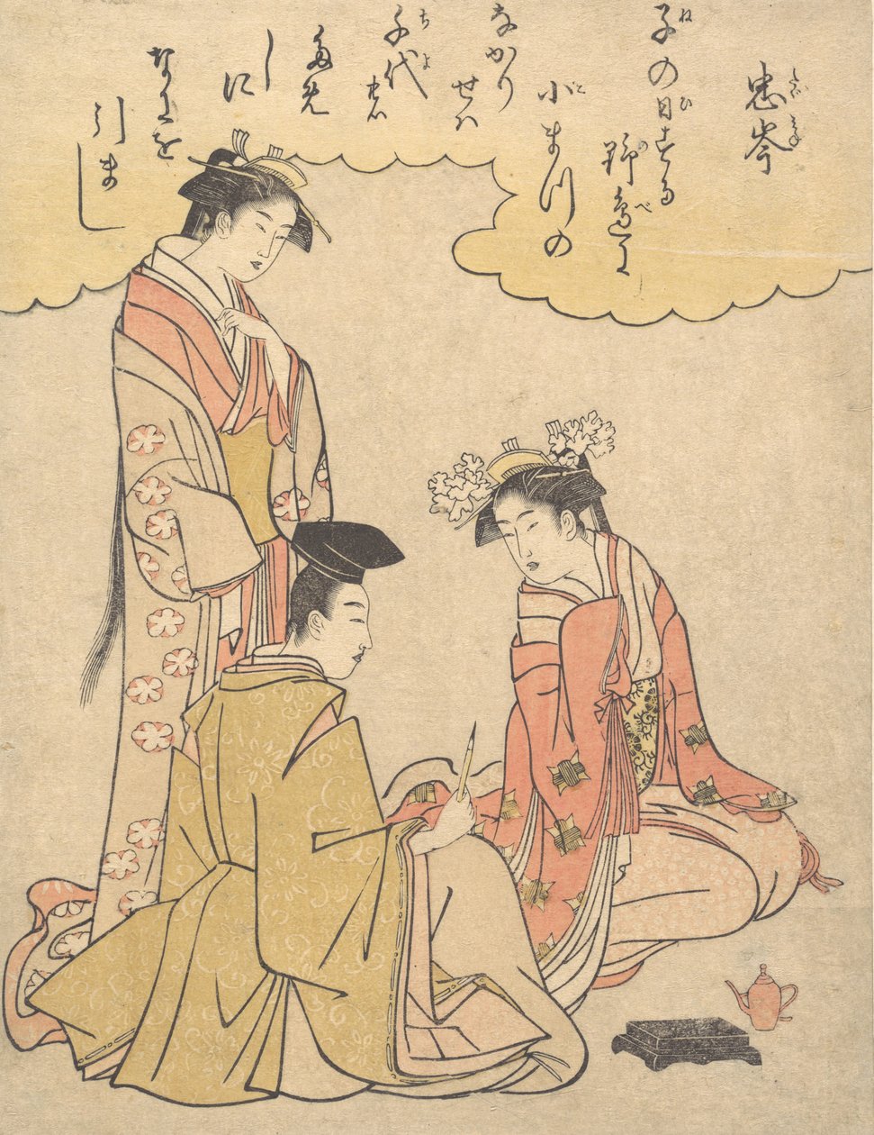 Courtier and Two Ladies of the Court, with a Poem by Mibu no Tadamine by Chōkyōsai Eiri