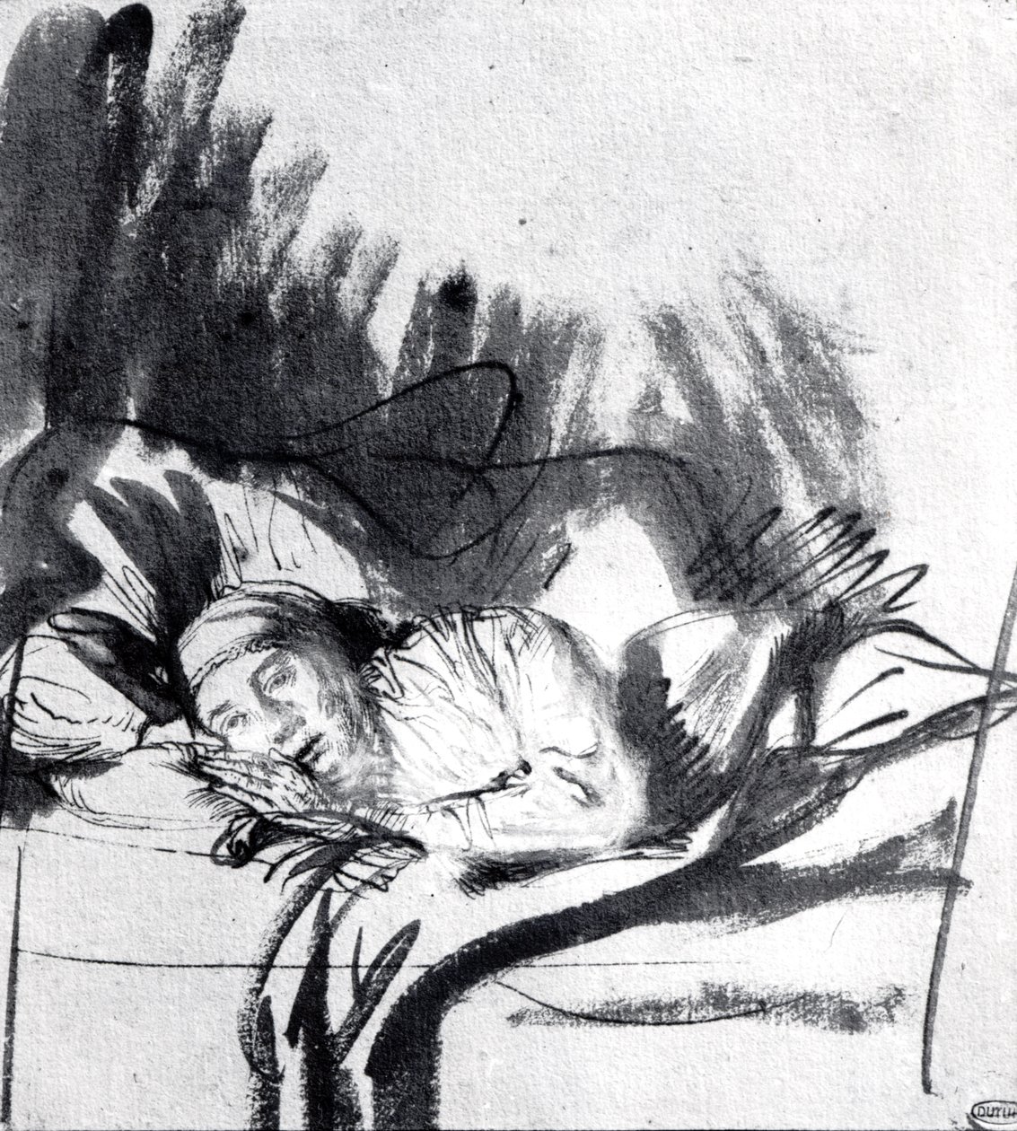 Sick woman in a bed, maybe Saskia, wife of the painter by Rembrandt van Rijn
