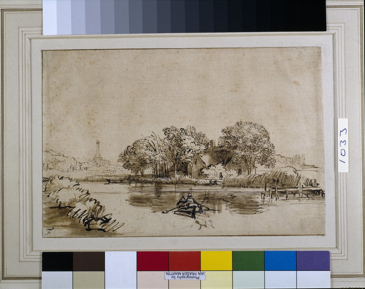 A Man Sculling a Boat on the Bullewijk, with a View Toward Ouderkerk, c.1650 by Rembrandt Harmensz. van Rijn