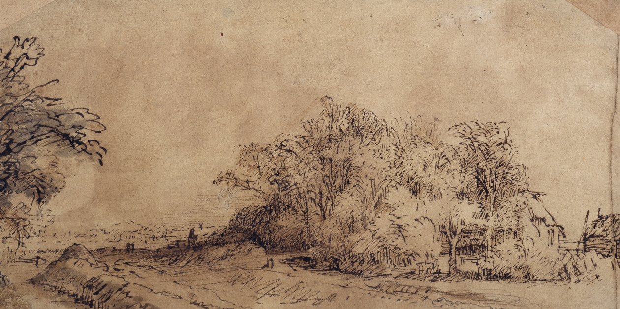 A Rough Road Along the Dyke with Trees Hiding a Farmstead by Rembrandt Harmensz. van Rijn